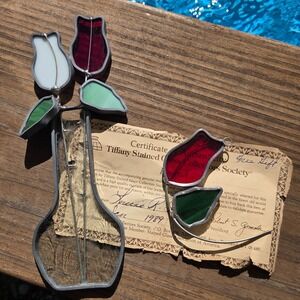 2 Vintage Tiffany Collectors Society Stained Glass Suncatcher Rosebud Flower COA